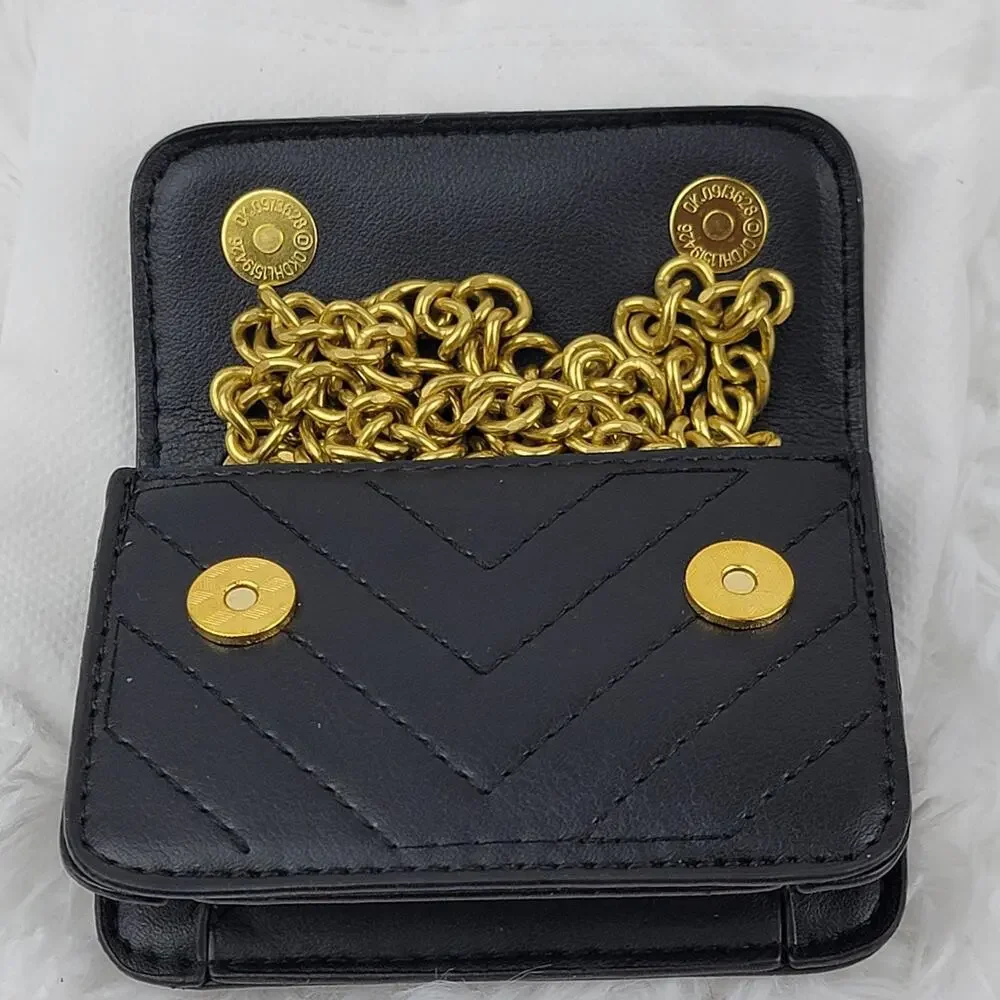 Designer Micro Mini Purse Black Quilted Brass Spell Out Crossbody Chain Bag New